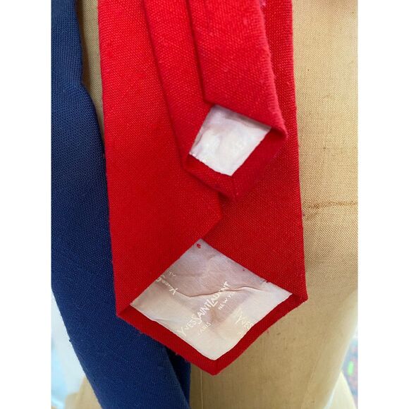 2 VTG Yves Saint Laurent NY Paris Solid Red Blue Slub Fabric Necktie Made in USA - Picture 7 of 13